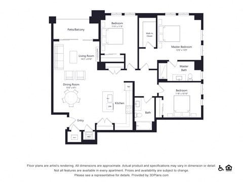Floor plan for 3 beds, 2 baths, 1544 sqft
